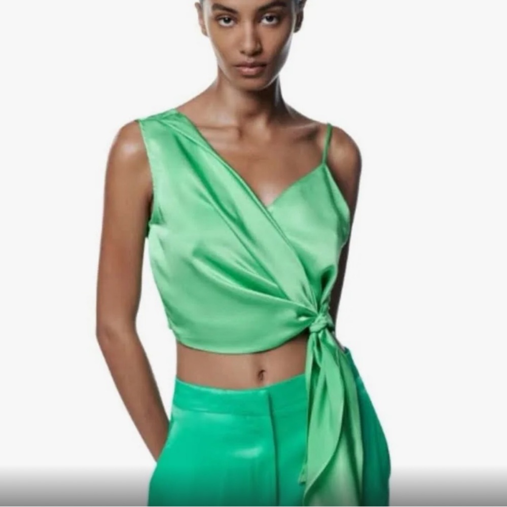 Zara Emerald Green Wrap Satin Top